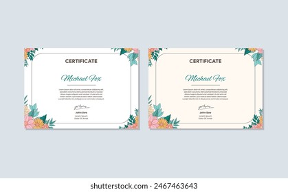 printable flowers diploma certificate petals achievement template leaves simple minimal flat business award diploma design background pink green yellow brown orange turquoise color vector illustration