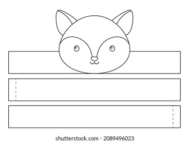 Printable fox paper crown. Diy cut party ribbon template for birthday, christmas, baby shower. Fun accessory for entertainment. Print, color, cut and glue. Vector stock illustration.