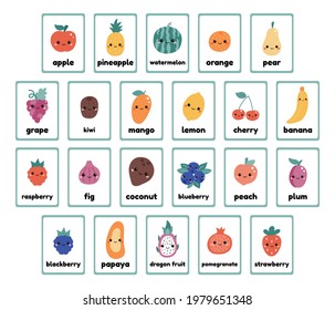 Printable fruits and berries flashcards collection for learning english words. Cute cartoon kawaii food with faces. Educational game for kindergarten, pupils and preschool kids. Vector illustration.