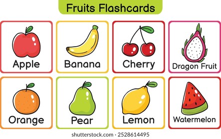 Printable fruits flashcards for kids set. Study and learning fruits. Education game