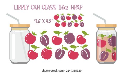 Printable Full wrap for libby class can. A pattern of berries. Raspberries, blackberries, cherries and plums