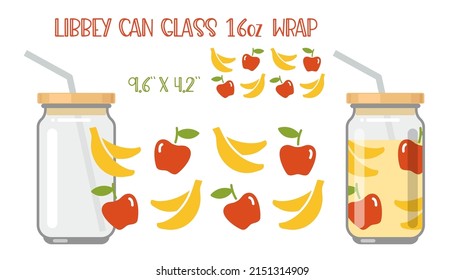 Printable Full wrap for libby class can. A pattern of fruits. Apples and bananas. Vector Illustration