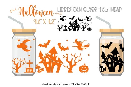 Printable Full wrap for libby class can. Halloween pattern with the haunted house. Pumpkin, ghost, witch, grave and more