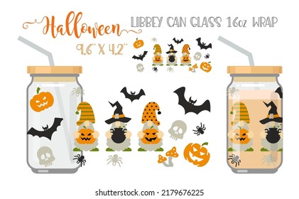 Printable Full wrap for libby class can. A pattern with Helloween gnomes. Pumpkin, mushrooms, bat, skull and more