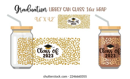 Printable Full wrap for libby class can. Class of 2023 pattern with graduate hat and scroll. Vector Illustration