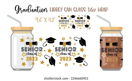 Printable Full wrap for libby class can. Senior class of 2023 pattern with graduate hat and scroll. Vector Illustration