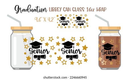 Printable Full wrap for libby class can. Senior pattern with graduate hat, scroll and stars. Vector Illustration