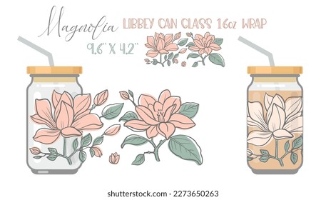 Printable Full wrap for libby class can. Floral pattern with magnolia flowers. Vector Illustration