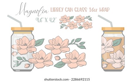 Printable Full wrap for libby class can. Floral pattern with magnolia flowers. Vector Illustration