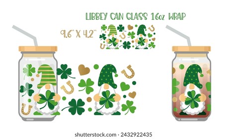 Printable Full wrap for libby class can. A pattern with St Patricks day symbols. Gnomes are holding a shamrock