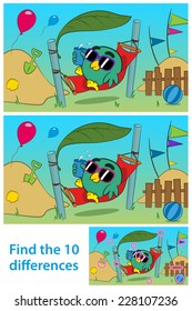 Printable game for children with funny cartoon bird in the summer vacation, meant to stimulate attention and creativity through finding the differences between two similar color illustrations