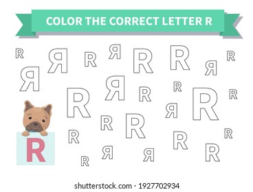 Printable game. Worksheet for kids. Exercise about letter reversals. Color the correct letter R. French bulldog, Page a4, Vector.