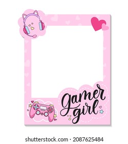 Marcos fotográficos tipo jugador imprescriptible con controlador de juegos, auriculares, corazones y letras. Plantilla de apoyo para cabina de fotos de chica jugador. Diseño de kawaii rosado para fiesta, selfie, etc. Ilustración vectorial