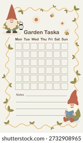 Un organizador de jardín imprimible o una hoja de "Tareas de jardín" con una cuadrícula de calendario semanal, sección de notas y gnomos decorativos, abejas y enredaderas.