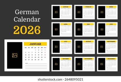 Tabela alemã imprimível Calendário 2026 Planejador mensal com espaço reservado para foto