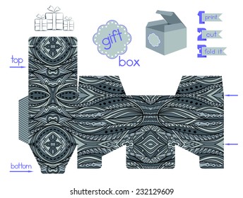 Printable gift box with abstract ethnic pattern. Template for cubic box with lid. Favor box with Oriental pattern. Easy for installation - print, cut, fold it. Vector file is EPS8.