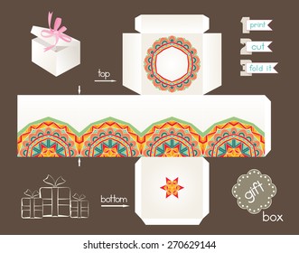 Printable gift box with abstract ethnic pattern. Template for cubic gift box with lid. Favor box with bright Mexican pattern. Easy for installation - print, cut, fold it. Vector file is EPS8.