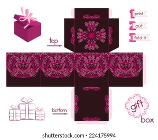 Printable gift box with abstract lacy pattern. Template for cubic gift box with lid. Easy for installation - print, cut, fold it. Label and decorative elements added. Vector file is EPS8.