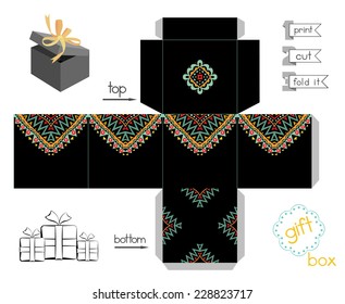 Printable gift box with abstract Mexican pattern. Template for cubic box with lid. Favor box with bright ethnic pattern. Easy for installation - print, cut, fold it. Vector file is EPS8.