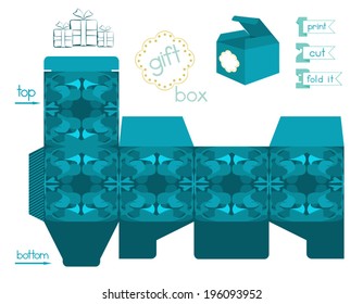 Printable gift box with abstract pattern. Template for square gift box with lid. Easy installation - print, cut, fold it. Striped part of template are for glue. Label for text and infographic elements