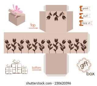 Printable gift box with abstract tulips. Template for cubic box with lid. Favor box with cute flowers. Easy for installation - print, cut, fold it. Label and decorative elements added. Vector EPS8.