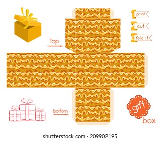 Printable gift box with abstract wavy pattern. Template for cubic box with lid. Warm colored wavy pattern. Easy for installation - print, cut, fold it. Vector file is layered and grouped EPS8.