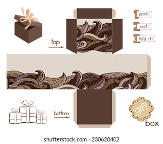Printable gift box with abstract wavy pattern. Template for cubic box with lid. Warm colored wavy pattern. Easy for installation - print, cut, fold it. Vector file is layered and grouped EPS8.