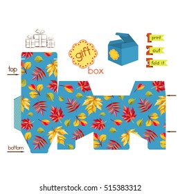 Printable gift box with autumn leaves. Template for cubic favor box with lid. Easy for installation - print, cut, fold it. Decorative and infographic elements added. Vector illustration.
