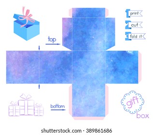 Printable gift box with blue blurring watercolor imitation. Template for cubic paper box with lid. Abstract texture favor box. Decorative and infographic elements. Vector illustration.