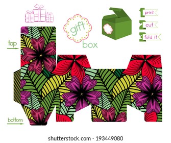 Printable gift box. Bright flowers pattern. Template for square gift box with lid. Pattern is endless on borders. Striped part of template are for glue. Label for text. Infographic elements