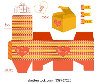 Printable gift box with chevron pattern. Template for cubic gift box with lid. Favor box with label and thank you text. Decorative and infographic elements. Vector file is EPS8.
