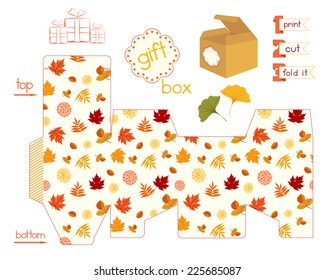 Printable gift box with colorful Autumn leaves. Template for cubic favor box with lid. Fall leafage colors. Easy for installation - print, cut inside red line, fold it. Vector file is EPS8.