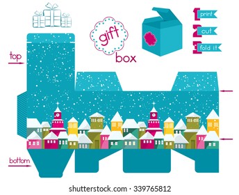 Printable gift box with colorful snow-covered town. Template for gift box with lid. Christmas theme favor box. Easy for installation - print, cut, fold it. Infographic elements. Vector file is EPS8.