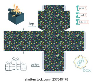 Printable gift box with confetti pattern. Template for cubic box with lid. Favor box with multicolor confetti ornament. Easy for installation - print, cut, fold it. Vector file is EPS8.