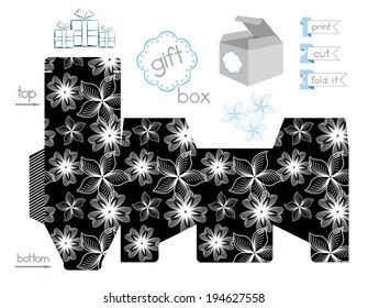 Printable gift box contrast pattern. Template for square gift box with lid. Easy for installation - print, cut, fold it. Striped part of template are for glue. Label for text. Infographic elements.