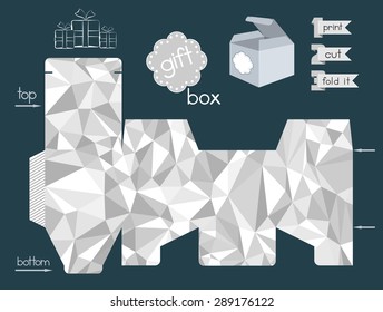 Printable gift box with crumpled paper texture pattern. Template for cubic box with lid. Favor box with abstract geometric mosaic pattern in grey colors. Vector file is EPS8.