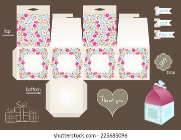 Printable gift box with floral pattern. Template for favor box with flowers wreaths and ornament. Easy for installation - print, cut, fold it. Two holes in top of box for ribbon. Vector file is EPS8.