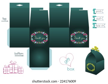 Printable gift box with floral wreaths. Template for favor box. Hand drawn text. Easy for installation - print, cut, fold it. Two holes in top of box for ribbon. Vector file is EPS8.