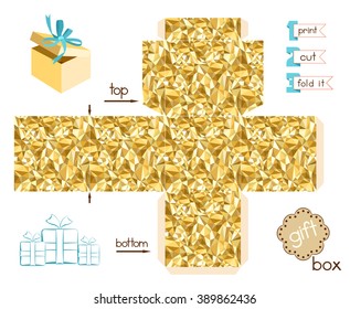 Printable gift box with golden triangles mosaic pattern. Template for cubic paper box with lid. Geometric low poly ornament favor box isolated. Decorative and infographic elements. Vector illustration