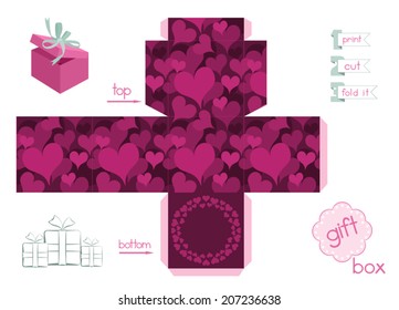 Printable gift box with hearts. Template for cubic box with lid. Elegant hearts romantic pattern with multi-layered effect. Easy for installation - print, cut, fold it. Vector EPS8.