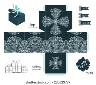 Printable gift box with line art pattern. Template for cubic box with lid. Favor box with lacy pattern. Easy for installation - print, cut, fold it. Label added. Vector file is EPS8.