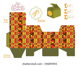 Printable gift box with mosaic pattern. Template for square gift box with lid. Easy installation - print, cut, fold it. Striped part of template are for glue. Label for text and infographic elements.