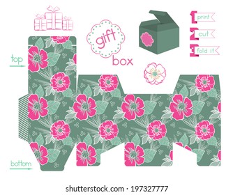 Printable gift box with poppies pattern. Template for square gift box with lid. Elegant floral pattern. Easy for installation - print, cut, fold. Striped part of template are for glue. Vector  EPS8.