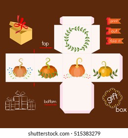 Printable gift box with pumpkins. Template for cubic favor gift box with lid. Thanksgiving theme. Easy for installation - print, cut, fold it. Decorative and infographic elements. Vector illustration.