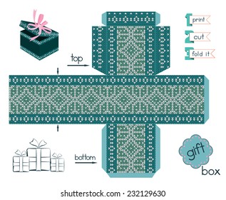 Printable gift box with Scandinavian style knitted pattern. Template for cubic box with lid. Favor box with Christmas knit ornament. Easy for installation - print, cut, fold it. Vector file is EPS8.