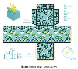 Printable gift box with smalt mosaic pattern and cute fishes. Template for cubic gift box with lid. Easy for installation - print, cut, fold it. 