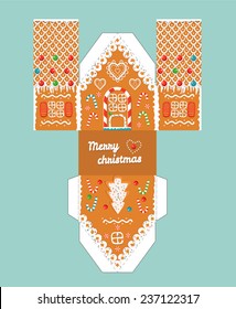 Printable gift gingerbread house with christmas glaze elements. Template for 3 d house. Easy for installation - print, cut, fold it. House 3 d Paper Craft.Vector picture 3d shapes for children.