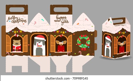 Printable gift gingerbread house with happy dogs. New Year Decor template house. Vector packaging design for sweets