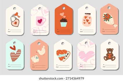 Printable gift tags set with various Valentine's Day elements. Collection of hearts, sweets, flowers, a teddy bear, a love lock, and doves. Perfect for presents and party favors.