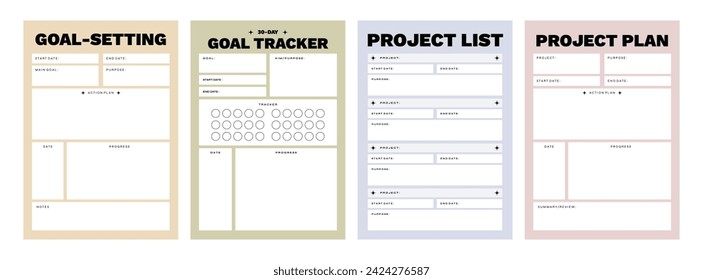 Printable Goal and Project Planner Vector Template Collection with Notepad, Memo Paper, Habit Tracker for Journaling, School Schedule, Business, Coaching, and Productivity Kit